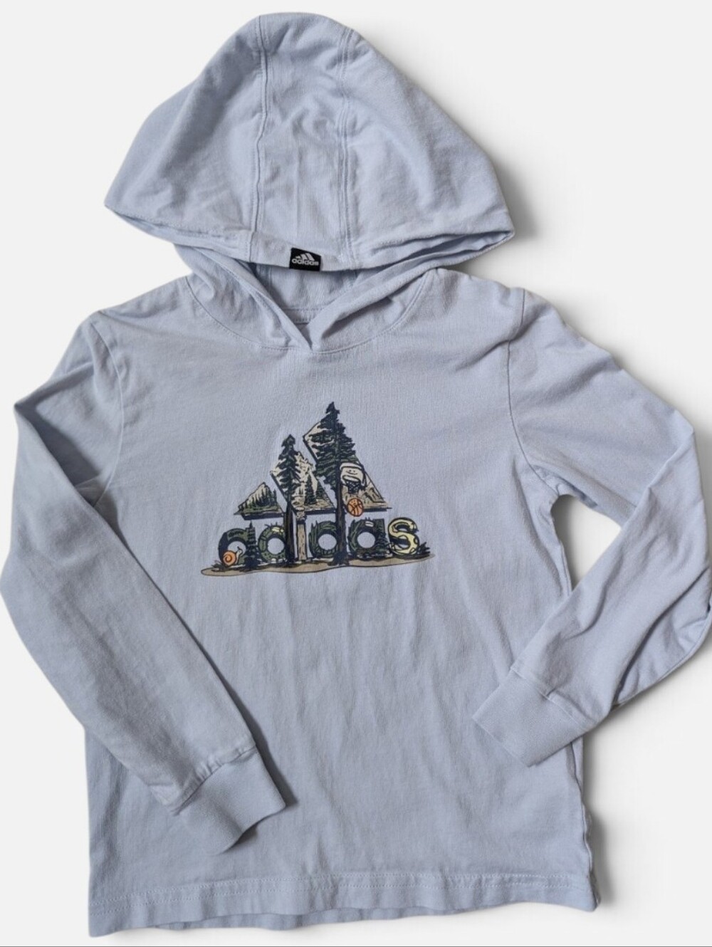 adidas Light Blue Kids Hooded Long-Sleeve Tee with Graphic Logo